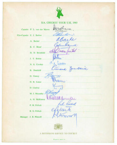 South Africa tour of England 1965. Official autograph sheet fully signed by all sixteen members of the South Africa touring party including the Manager J.B. Plimsoll. Signatures include van der Merwe (Captain), Barlow, Bacher, Bland, Bromfield, Lindsay, M