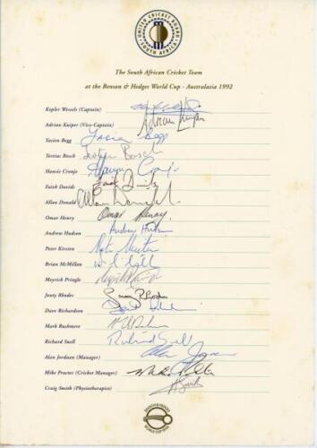 South Africa 1992 & 1996. Two official autograph sheets on South Africa United Cricket Board headed pages with printed titles and players’ names. One for the South Africa team for the World Cup, Australia 1992 (19 signatures), the other for the South Afri