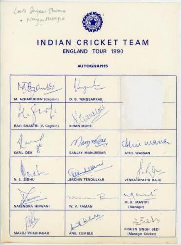 India tour to England 1990. Official autograph sheet signed by fifteen name members of the India touring party. Players&rsquo; signatures are Azharuddin (Captain), Shastri, Kapil Dev, Sidhu, Hirwani, Prabhakar, Vengsarkar, More, Manjrekar, Tendulkar, Raman, Kum