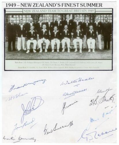 New Zealand 1949-2014. White card with printed image of the 1949 touring party to England laid down, the card signed by thirteen members of the team. Signatures including Hadlee (Captain), Cave, Burtt, Donnelly, Wallace, Cowie, Sutcliffe, Rabone etc. Two 