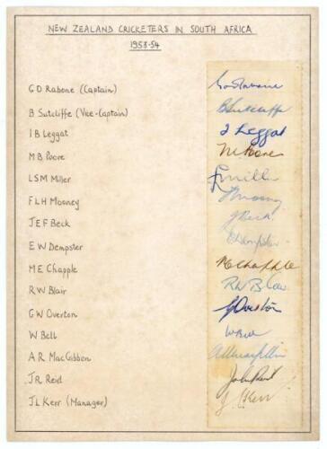 New Zealand tour to South Africa 1953/54. Narrow ruled strip signed in ink by fifteen members of the New Zealand touring party. Signature are Rabone (Captain), Sutcliffe, Leggat, Poore, Miller, Mooney, Beck, Dempster, Chapple, Blair, Overton, Bell, MacGib