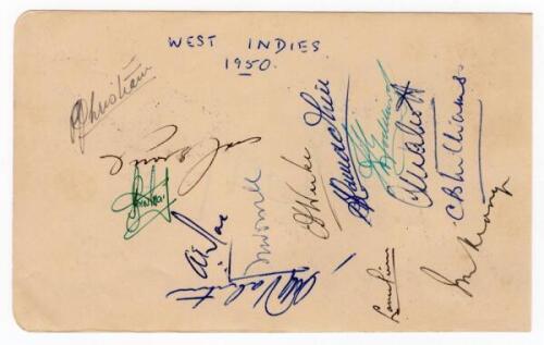 West Indies tour to England 1950. Album page signed in different coloured inks by thirteen members of the touring party. Signatures are Goddard (Captain), Christiani, Jones, Trestrail, Rae, Worrell, Valentine, Weekes, Ramadhin, Pierre, Walcott, Williams a