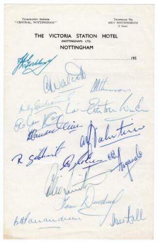 West Indies tour to England 1957. Page nicely signed in ink on ‘Victoria Station Hotel, Nottingham’ headed notepaper by fifteen members of the touring party. Signatures are Goddard (Captain), Walcott, Atkinson, Ganteaume, Weekes, Kanhai, Ramadhin, Valenti