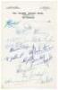 West Indies tour to England 1957. Page nicely signed in ink on ‘Victoria Station Hotel, Nottingham’ headed notepaper by fifteen members of the touring party. Signatures are Goddard (Captain), Walcott, Atkinson, Ganteaume, Weekes, Kanhai, Ramadhin, Valenti