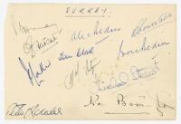 Surrey C.C.C. 1950s. Album page signed in ink by eleven members of the Surrey team c.1958. Signatures are May (Captain), Fletcher, Laker, Loader, A. Bedser, Clark, McIntyre, Constable, E. Bedser, Stewart and Barrington. Minor spotting, otherwise in good c