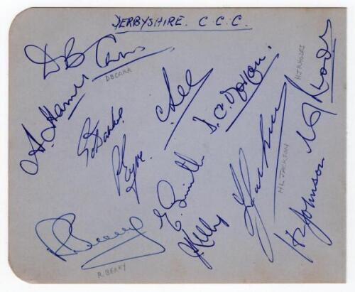 Derbyshire C.C.C. 1959-2003. Album page signed in ink by twelve members of the 1959 Derbyshire team including Carr, Harmer, Berry, Eyre, Lee, Rhodes, Jackson, Johnson etc. An official autograph page on County letterhead, signed by ten members of the 1982 