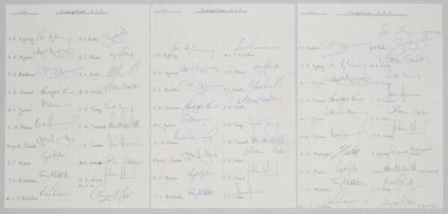 Hampshire C.C.C. 1990-2008. Five unofficial autograph sheets for seasons 1990 (20 signatures), 1991 (18), 1992 (21), 1993 (17), and 2008 (26). Signatures include Ayling, Bakkar, Gower, James, Maru, Nicholas, C. Smith, R. Smith, Terry, Tremlett, Udal, Aqui