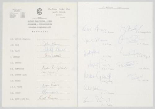 Middlesex C.C.C. 1988-1996. Official M.C.C. autograph sheet for the NatWest Trophy Final 1988 (8 signatures) and four unofficial sheets for seasons 1991 (16), 1992 (15), 1993 (15) and 1996 (12). Signatures include Slack, Needham, Downton, Cowans, Brown, C