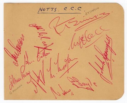 Nottinghamshire C.C.C. 1959-1997. Album page signed in red ink by eleven members of the 1959 team including Simpson, Davison, Millman, Jepson, Springall, Clay etc. Additionally signed to verso by ten Kent players c.1959 including Cowdrey, Evans, Ridgway, 