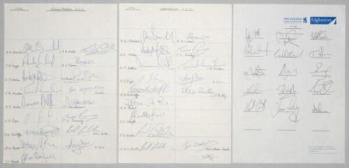 Warwickshire C.C.C. 1992-2008. Two unofficial autograph sheets for seasons 1992 (17 signatures), 1993 (16) and one official sheet for season 2008 (15). Signatures include Donald, Lloyd, Moles, Munton, Ostler, Piper, Ratcliffe, Reeve, Small, Twose, Penney,