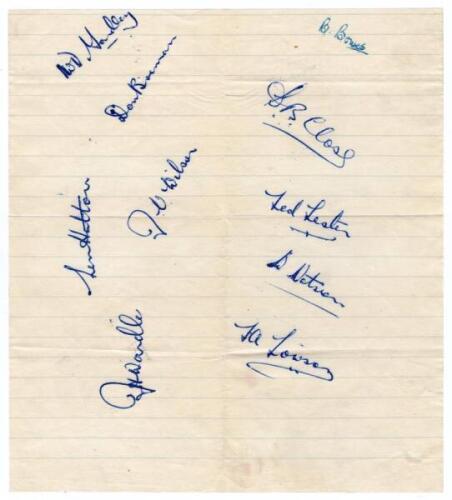 Yorkshire C.C.C. 1947-1977. Ruled page signed in ink by ten members of the 1947 team. Signatures are Yardley, Brennan, Bowes, Close, Hutton, Wilson, Wardle, Lester, Watson and Lowson. Also a sheet with twelve signatures of the 1977 team on pieces laid do