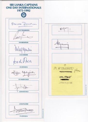 Sri Lanka one-day international Captains 1975-1992. Two autograph cards off differing sizes, with printed titles, the majority with printed names, of Sri Lanka one-day international Captains. Signatures include Tennekoon, Warnapura, D. Mendis, D.S. De Sil