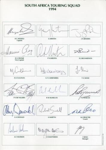 South Africa tour to England 1994. Autograph card with printed titles and players’ names, of the eighteen members of the South Africa touring party. Players’ signatures are Wessels (Captain), Cronje, Cullinan, De Villiers, Donald, Hudson, G. Kirsten, P. K