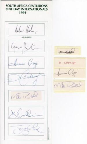 South Africa Centurions in one-day internationals 1991 onwards. Autograph card with printed title, of seven South African centurions. Signatures are Hudson, G. Kirsten, Cronje, Callaghan, Rindell (on label laid down), Cullinan and Rhodes. Sold with three 