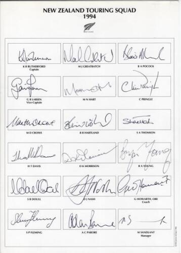 New Zealand tour to England 1994. Autograph card with printed titles and players’ names, of the eighteen members of the New Zealand touring party. Players’ signatures are Rutherford (Captain), Larsen, M. Crowe, Davis, Doull, Fleming, Greatbatch, Hart, Har