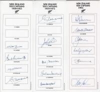 ‘New Zealand Test Captains’ 1930-1953, 1954-1972 and 1993 onwards. Three autograph cards, each with printed titles, the majority with players’ names, of New Zealand Test captains. Signatures are W. Hadlee, Sutcliffe, Wallace, Rabone, Reid, Sinclair, Dowli