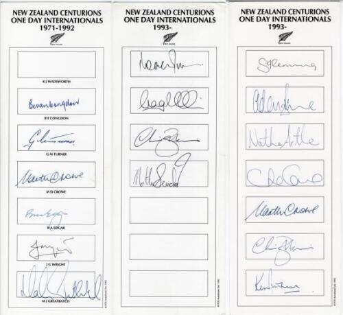 ‘New Zealand Centurions One Day Internationals’ 1971 onwards. Three autograph cards, each with printed titles, one with players’ names, of New Zealand centurions. Signatures include Congdon, Turner, M. Crowe, Edgar, Wright, Greatbatch, Fleming, Parker, As