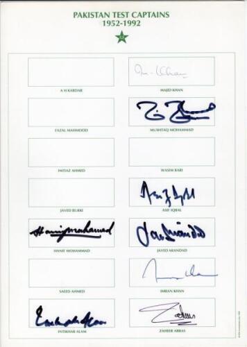 ‘Pakistan Test Captains’ 1952 onwards. Four autograph cards of differing sizes, each with printed title, some with players’ names. Signatures include Hanif Mohammed, Intikhab Alam, Majhid Khan, Mushtaq Mohammad, Asif Iqbal, Javed Miandad, Imran Khan, Zahe