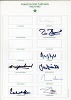 ‘Pakistan Test Captains’ 1952 onwards. Four autograph cards of differing sizes, each with printed title, some with players’ names. Signatures include Hanif Mohammed, Intikhab Alam, Majhid Khan, Mushtaq Mohammad, Asif Iqbal, Javed Miandad, Imran Khan, Zahe