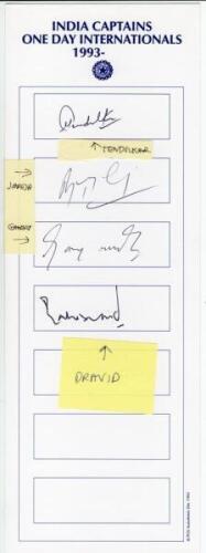 &lsquo;India Captains One Day Internationals&rsquo; 1993 onwards. Single autograph card with printed title signed by four India one-day international captains. Signatures are Tendulkar, Jadeja, Ganguly and Dravid. VG