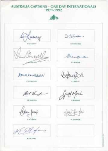 ‘Australia Captains- One Day Internationals 1971-1992’. Autograph card with printed title and players’ names, signed by nine Australian captains. Signatures are Lawry, I. Chappell, G. Chappell, Simpson, Yallop, Hughes, Hookes, Border, Bright, Marsh and Ta