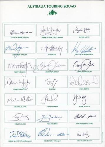 Australia tour to England 1993. Autograph card with printed title and players’ names, fully signed by all twenty one named members of the touring party. Players’ signatures are Border (Captain), Taylor, Boon, Hayden, Healy, Holdsworth, Hughes, Julian, McD