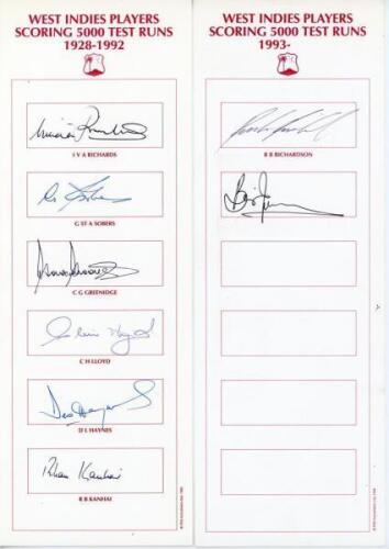 ‘West Indies Players Scoring 5000 Test Runs’ 1970s onwards. Two autograph cards with printed titles and players’ names, signed by eight West Indies players. Signatures are Viv Richards, Garry Sobers, Gordon Greenidge, Clive Lloyd, Desmond Haynes, Rohan Ka