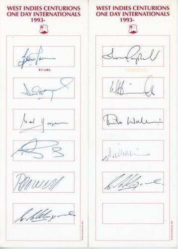 ‘West Indies Centurions One Day Internationals’ 1993 onwards. Two autograph cards with printed titles, signed by ten West Indies players. Signatures include Brian Lara, Desmond Haynes, Carl Hooper, Ricardo Powell, Corey Collymore (two signatures), Sherwin