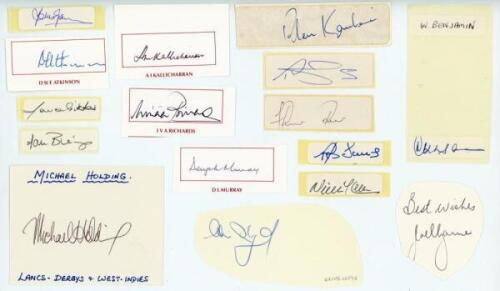 West Indies Test cricketers 1950s onwards. A selection of twenty individual signatures on pieces, labels and pre-printed cards. Signatures are Lara, Kallicharran, Kanhai, Garner, Atkinson, Gibbs, Richards, Lloyd, Deryck Murray, Benjamin, Bishop, Holding, 