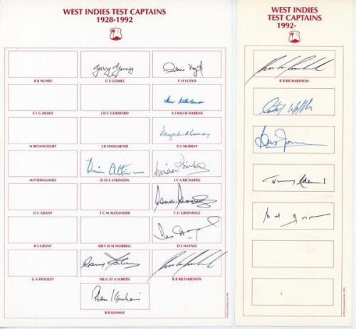&lsquo;West Indies Test Captains&rsquo; 1940s onwards. Two autograph cards of differing sizes with printed titles and players&rsquo; names, signed by eight West Indies Test captains. Signatures are Gerry Gomez, Denis Atkinson, Garry Sobers, Rohan Kanhai, Clive Lloyd, Alvin