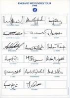 England tour to West Indies 1994. Autograph card with printed title and players’ names, fully signed by all fifteen named members of the touring party. Signatures are Atherton (Captain), Stewart, Caddick, Fraser, Hick, Hussain, Igglesden, Lewis, Malcolm, 