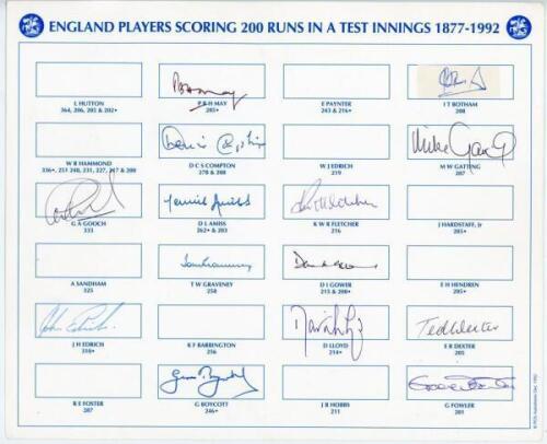 &lsquo;England Players Scoring 200 Runs in a Test Innings&rsquo; 1950s onwards. Autograph card with printed title and players&rsquo; names, signed by fourteen England Test players. Signatures are May, Compton, Amiss, Graveney, Boycott, Gooch, Edrich, Fletcher, Gower, Lloyd