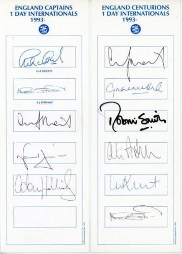 England One Day International Captains and Centurions 1993 onwards. Two autograph cards with printed titles, signed by fourteen England players. Signatures include five Captains, Gooch, Stewart, Atherton, Hussain and Hollioake, and six centurions, Atherto