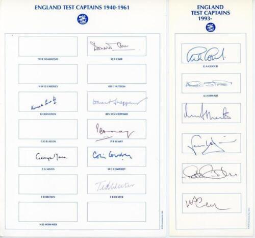 ‘England Test Captains’ 1940s onwards. Two autograph cards of differing sizes, with printed titles and player’s names, signed by thirteen England Test captains. Signatures are Cranston, Mann, D. Carr, Sheppard, May, Colin Cowdrey, Dexter, Gooch, Stewart, 