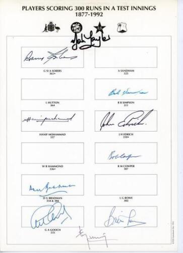 &lsquo;Players Scoring 300 Runs in a Test Innings&rsquo; 1930s onwards. Autograph card with printed title and printed players&rsquo; names. Signed by ten five Test players to score triple centuries. Signatures are Sobers, Lara (West Indies), Simpson, Cowper, Bradman (Austr