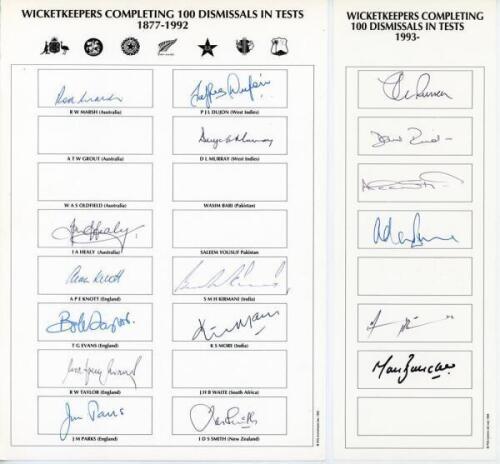 &lsquo;Wicketkeepers Completing 100 Dismissals in Tests&rsquo; 1950s onwards. Two autograph cards of differing sizes, with printed titles, one card with printed names. Signed by seventeen Test wicketkeepers. Signatures are Marsh, Healy (Australia), Evans, Knott, Tayl