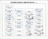 ‘Players Scoring 5000 Test Runs’ 1930s onwards. Autograph card with printed title and printed players’ names. Signed by twenty five players to score 5000 Test runs. Signatures are Gavaskar, Vengsarkar, Vishwanath (India), Border, G. Chappell, Bradman, Wal