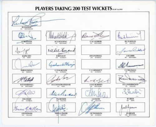 &lsquo;Players Taking 200 Test wickets&rsquo; 1950s onwards. Autograph card with printed title and printed players&rsquo; names. Signed by twenty three players to take 200 Test wickets. Signatures are Hadlee (New Zealand), Botham, Statham, Bedser, Snow, Willis, Trueman, Un