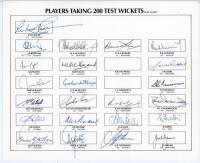 ‘Players Taking 200 Test wickets’ 1950s onwards. Autograph card with printed title and printed players’ names. Signed by twenty three players to take 200 Test wickets. Signatures are Hadlee (New Zealand), Botham, Statham, Bedser, Snow, Willis, Trueman, Un