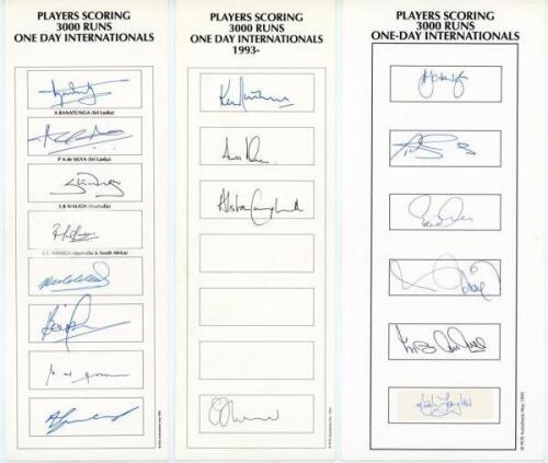 ‘Players Scoring 3000 Runs One Day Internationals’ 1980s onwards. Three autograph cards with printed titles signed by eighteen one-day international players. Signatures include Ranatunga, P. De Silva (Sri Lanka), S. Waugh, Gilchrist, M. Waugh, Taylor (Aus