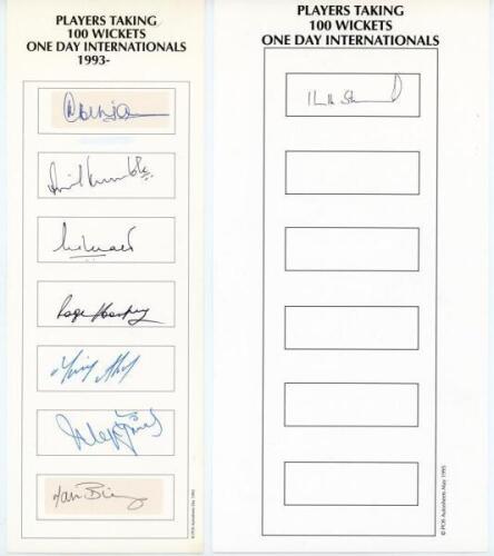 ‘Players Taking 100 Wickets One Day Internationals’ 1980s onwards. Four autograph cards with printed titles signed by twenty one one-day international players. Signatures include Benjamin, Harper, Bishop, Hooper (West Indies), Kumble (India), Mushtaq Ahme