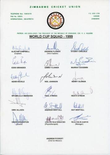 Zimbabwe. World Cup 1999. Official Zimbabwe Cricket Union autograph sheet signed by eighteen members of the Zimbabwe touring party for the 1999 World Cup held in England. Players’ signatures are Campbell (Captain), A. Flower, Carlisle, Brandes, G. Flower,