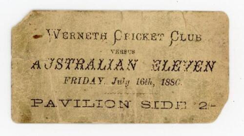 Australia tour to England 1880. Extremely rare original match ticket for the tour match, Werneth v Australians, played at The Coppice, Oldham, 16th & 17th July 1880. To the print, ‘Werneth Cricket Club versus Australian Eleven Friday July 16th, 1880. Pavi