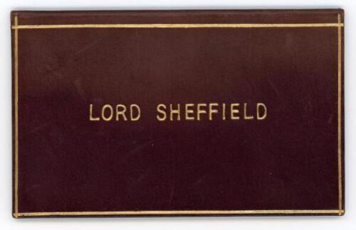 Henry Holroyd, 3rd Earl of Sheffield (Lord Sheffield). England tour to Australia 1891/92. Original early folding fixture card with brown leather covers, and ‘Lord Sheffield’ in gilt to front with gilt borders. The inside with printed fixtures titled ‘Prog