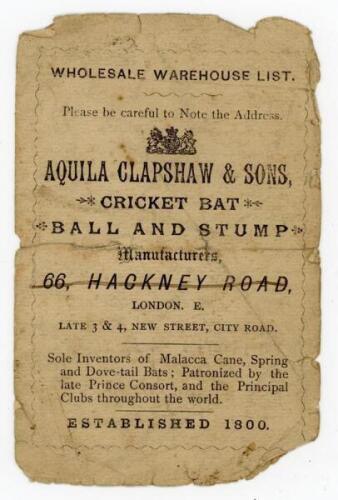 Aquila Clapshaw & Sons Wholesale Warehouse List. c.1860s. Early original folding price list issued by ‘Aquila & Sons, 66 Hackney Road, London [address crossed through in ink] Late 3 & 4 New Street, City Road). ‘Sole Inventors of Malacca Cane, Spring and D