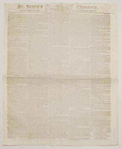 ‘St. James’s Chronicle and General Evening Post’. Original early four-page newspaper for 29th August 1822, printed at Blackfriars, London. Page four column 5 features an interesting thirteen line report on ‘The Great Cricket Match between 15 Sheffield and