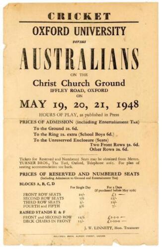 Australian tour of England 1948. ‘Cricket. Oxford University versus Australians’ 1948. Original advertising flyer for the match played on the Christ Church Ground, Oxford, 19th- 21st May 1948. The printed sheet with prices for admission and reserved seats