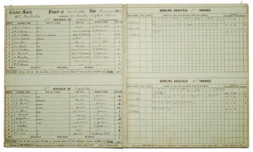 Arthur Priestley’s tour to West Indies 1896/97. ‘The Cricketers’ Scoring Book (Greatly Improved)’ published by John Wisden & Co., London. Original scorebook for the tour, comprising batting and bowling analyses for two innings to each double page. The lar