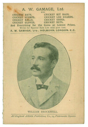 William Brockwell. Surrey C.C.C. Penny card written by A.C. Albert Craig ‘Cricket Poet and Rhymester’, and published by the All England Athletic Publishing Co, 29 Paternoster Square. 1899. Image of Brockwell to front cover. Odd minor staining to card othe