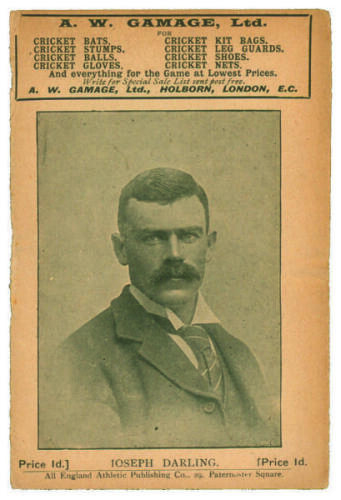 Joseph Darling. Australia. Penny card written by A.C. Albert Craig ‘Cricket Poet and Rhymester’, and published by the All England Athletic Publishing Co, 29 Paternoster Square. 1899. Image of Darling to front cover. Some splitting to spine, very small los